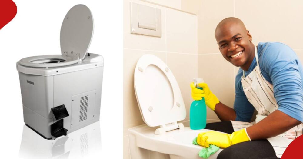 Right frame shows a man cleaning a toilet. Left frame shows an Incinolet toilet. Photo: Incinolet/Getty Images