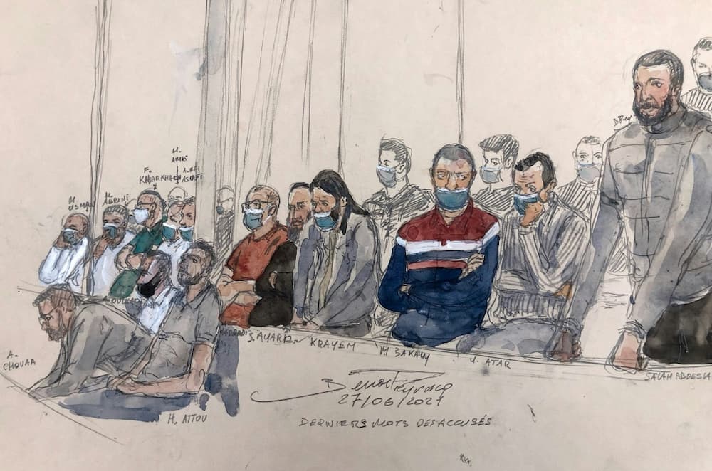 A court sketch shows the main suspects on Monday, with Salah Abdeslam on the right