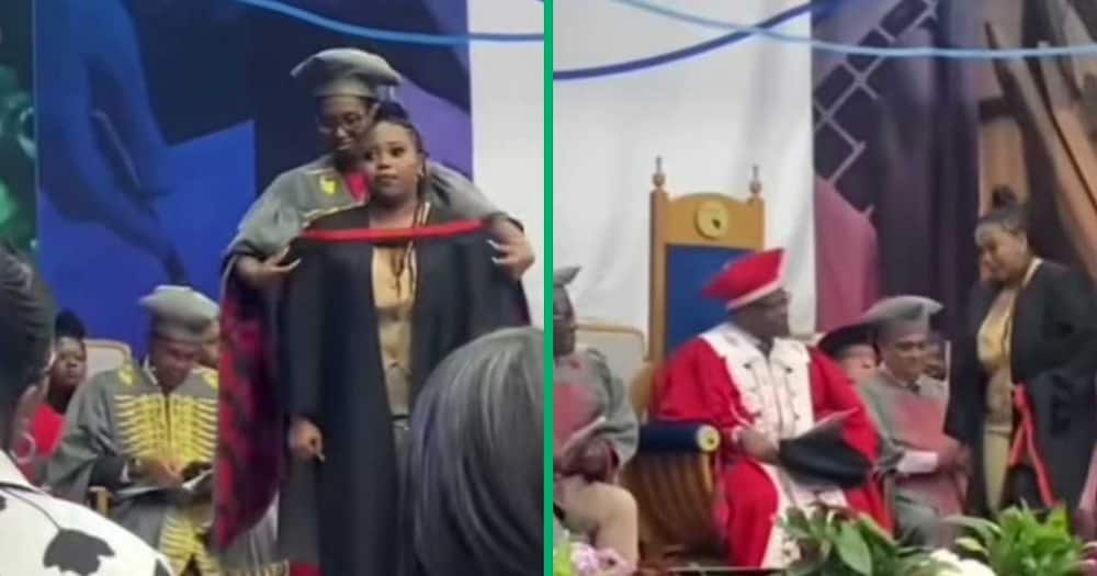 A TikTok video shows a woman who fell on stage during her graduation return back on stage.