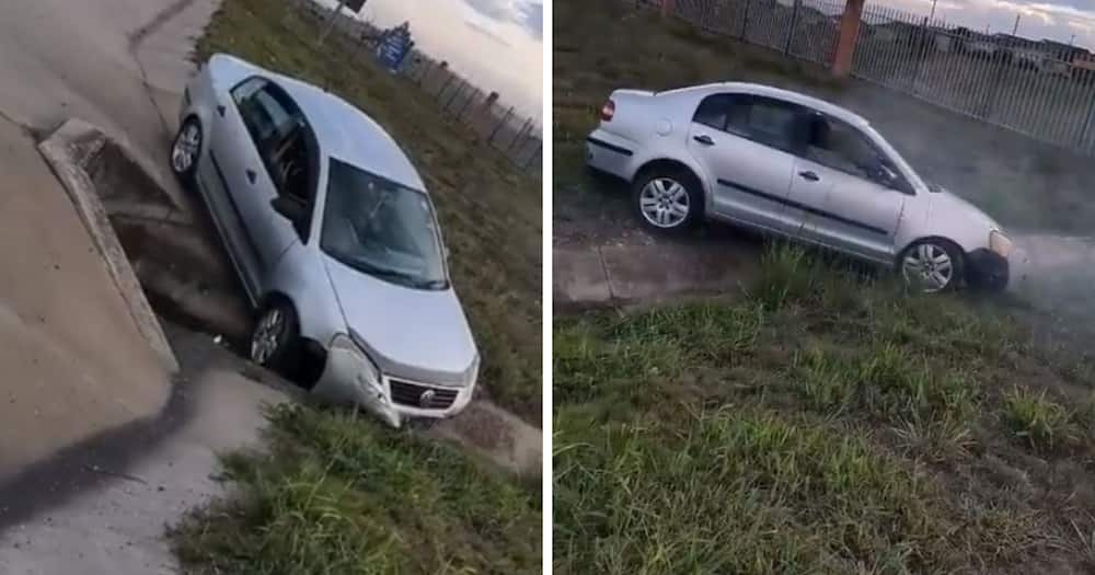 Non Stop Entertainment As VW Polo Driver Gets Stuck in a Drain, Mzansi Reacts and Says He Needs a Bigger Car