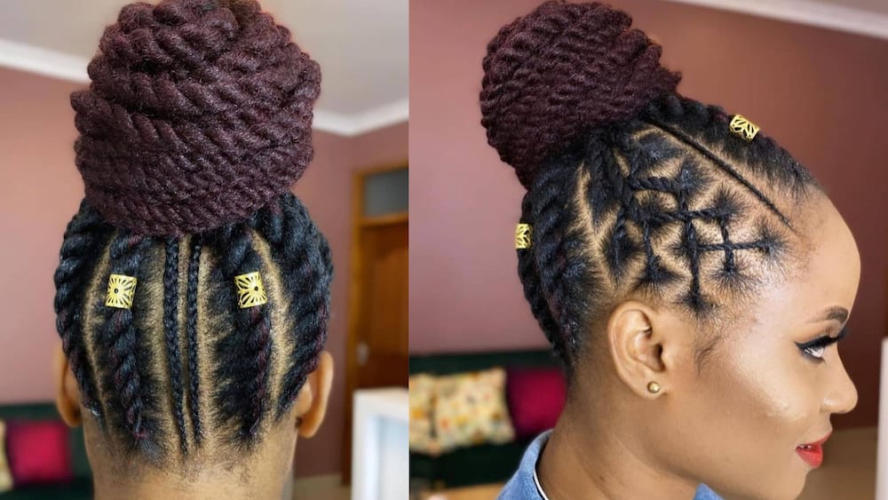 Crossover twist and thin cornrows bun