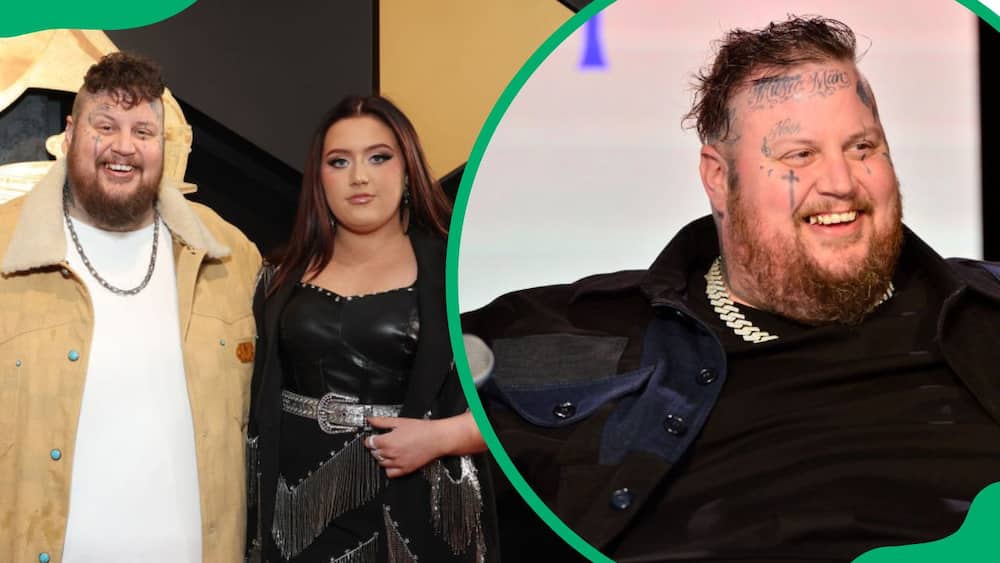 Jelly Roll and Bailee Ann attending the 66th Grammy Awards (L). The songwriter speaking onstage during Best New Artist Showcase (R)