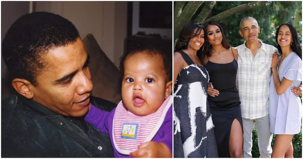 Barack Obama and Malia throwback photo (l). Obama's family (r).