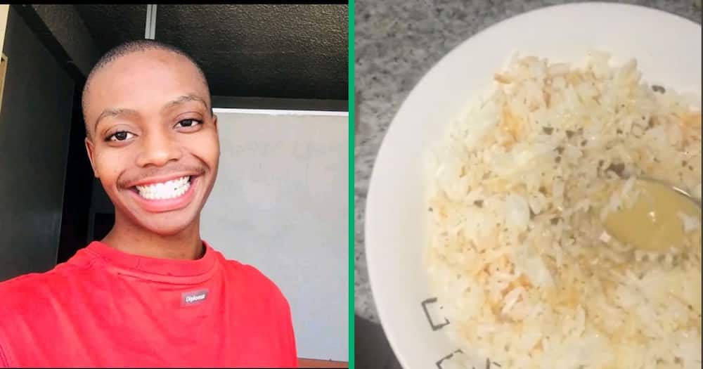 A university student mixed rice with peanut butter for supper