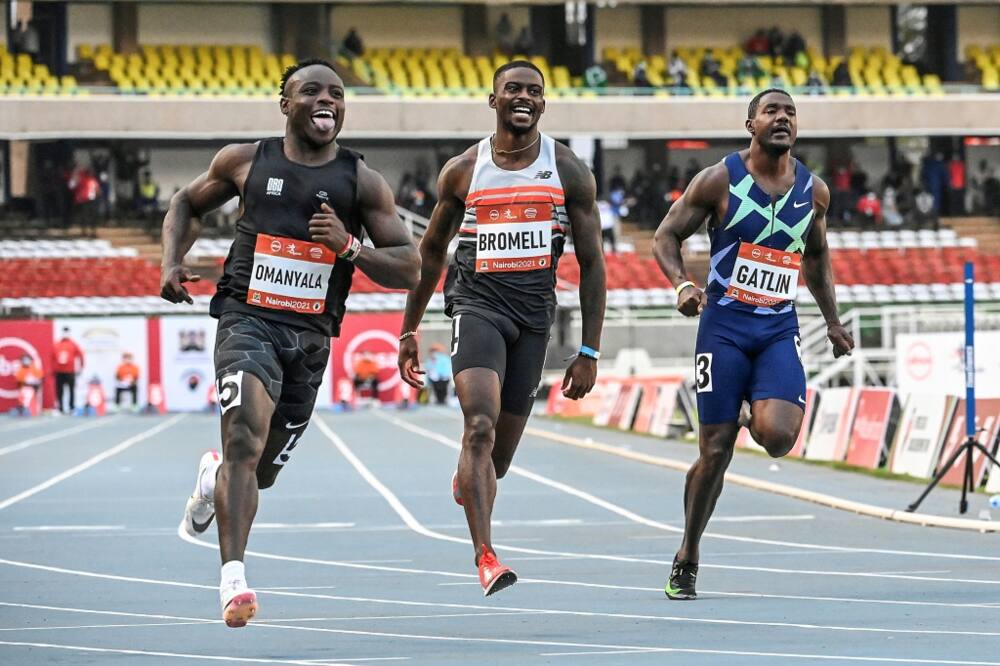 Ferdinand Omanyala (left), with Bromell Trayvon and Justin Gatlin of the US, became Africa's fastest man in September 2021 at an event in Nairobi
