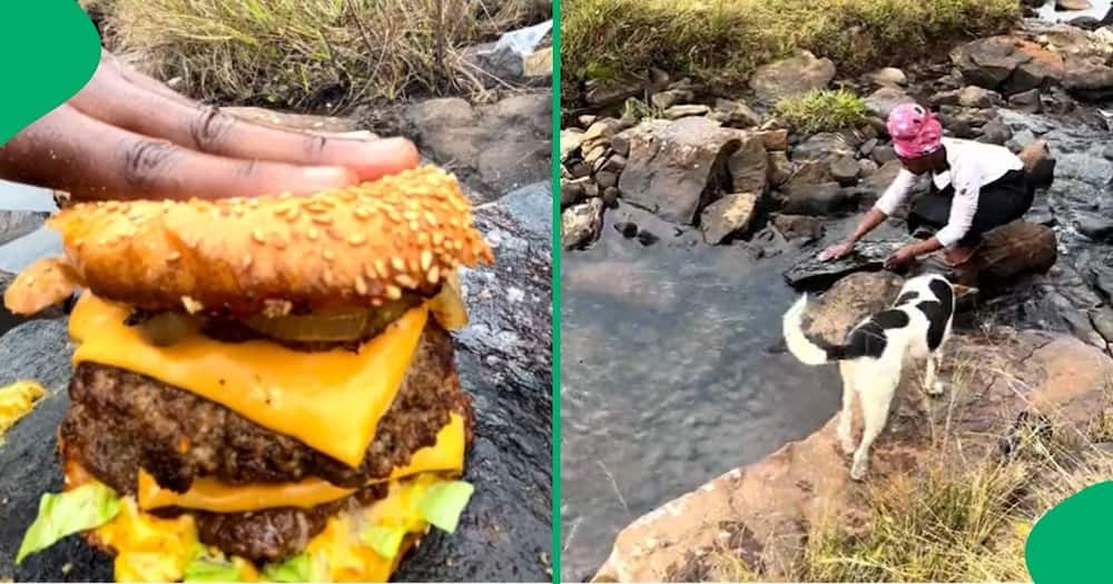 Woman cooks burger on river