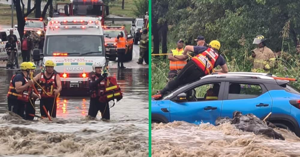 Tshwane EMS workers rescued a woman trapped in her car on a flooded road