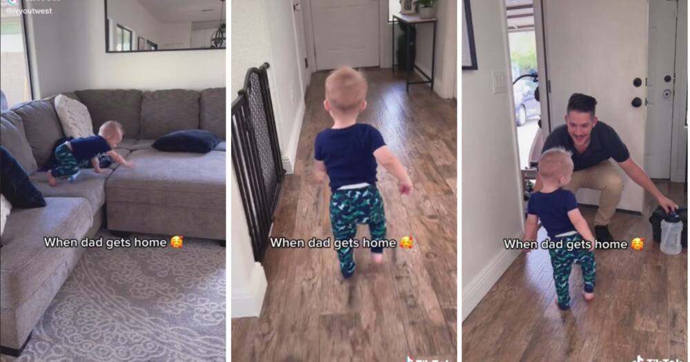 A tiny tot reacted adorably to his dad coming home from work.