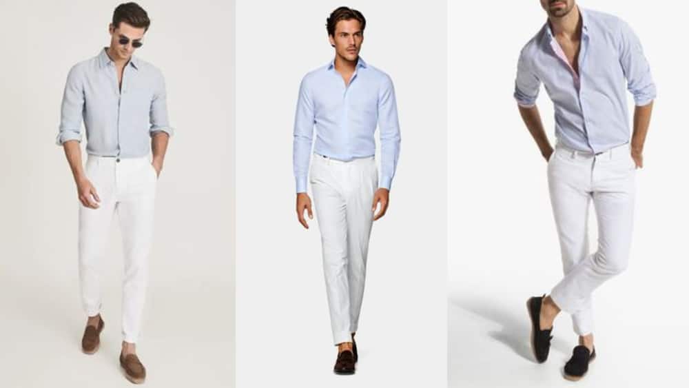 Long-sleeved light-blue shirt with white pants