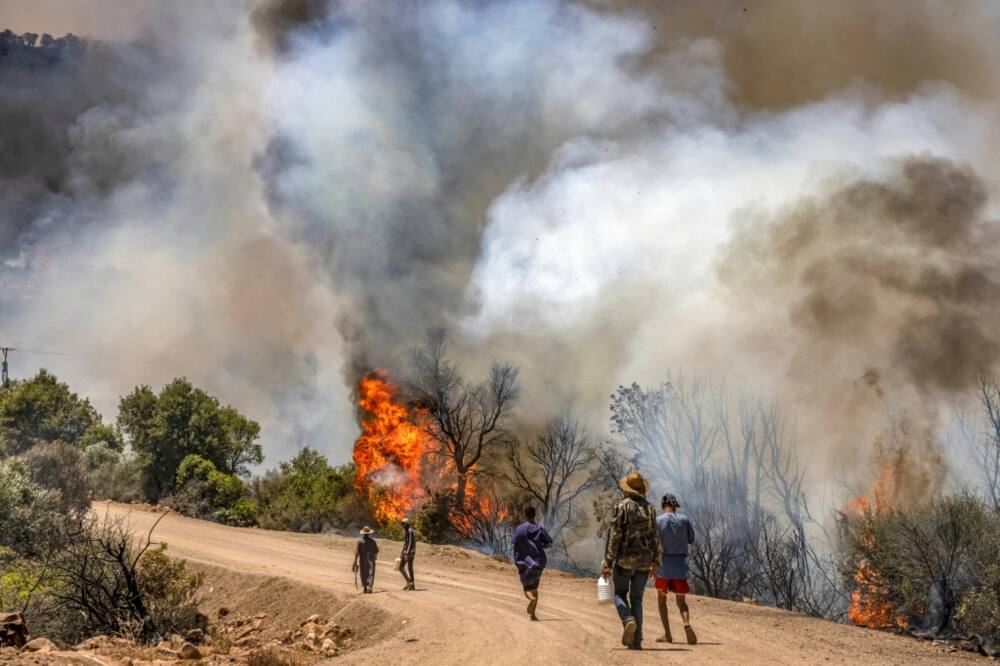 People walk along a dirt road as nearby a wild forest fire rages in Morocco's northern region of Ksar Sghir