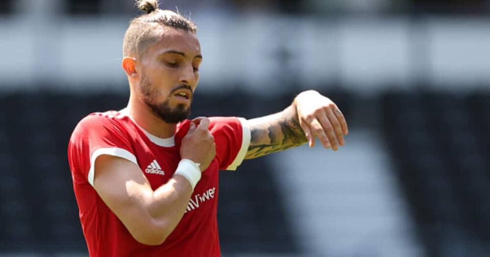 Alex Telles during a pre-season friendly between Derby County and Man United at Pride Park on July 18, 2021 in Derby, England. (Photo by Matthew Ashton - AMA/Getty Images).