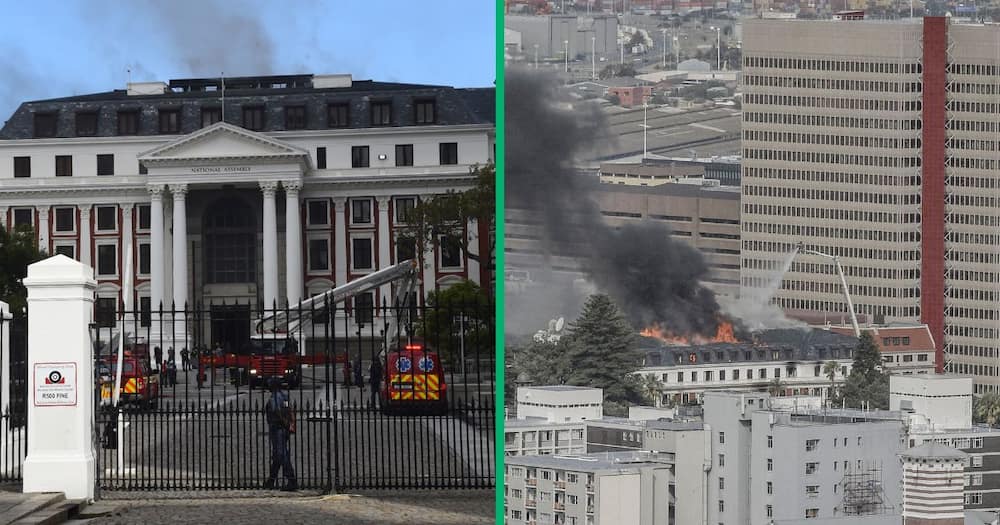 Firefighters are dispatched to extinguish the fire broke out at parliament building in Cape Town