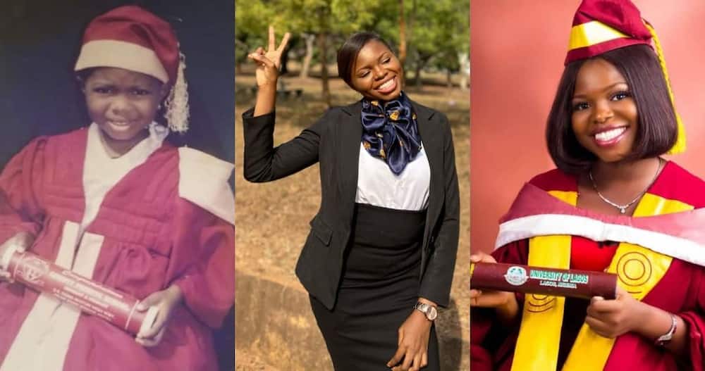 Veronica Aina: Lady unintentionally recreates childhood graduation photo after passing Law Exams