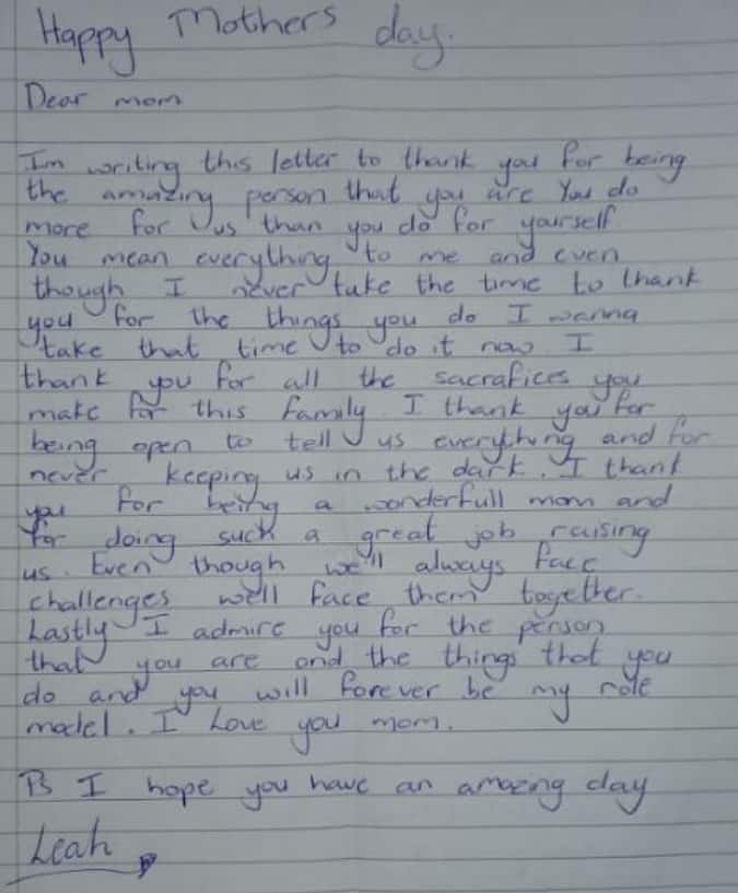 Melanie Canham's daughter penned a lovely letter for her on Mother's Day. Source: Melanie Canham/Facebook
