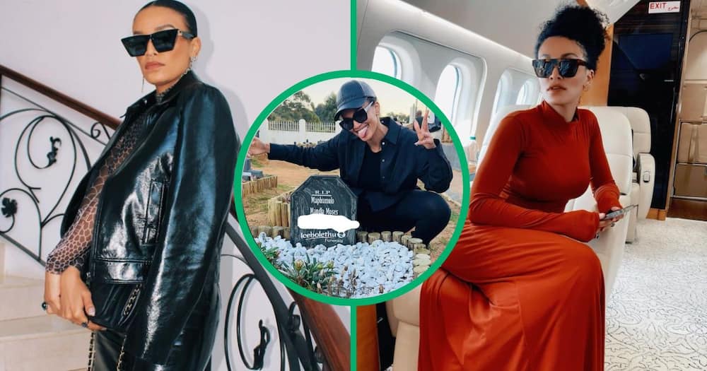 Pearl Thusi slammed for squatting over the late Mampintsha’s grave.