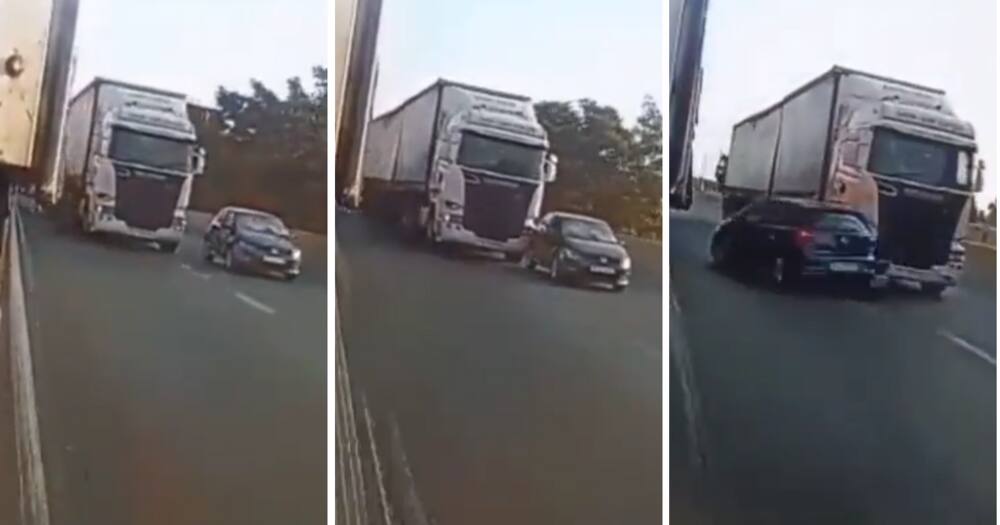 A Polo tried to overtake a truck in a video but got badly rear-ended.