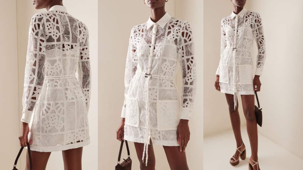 Patchwork-lace mini shirt dress with front button fastenings and collared neckline