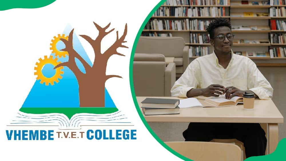 The Vhembe TVET college logo and a male student inside a library