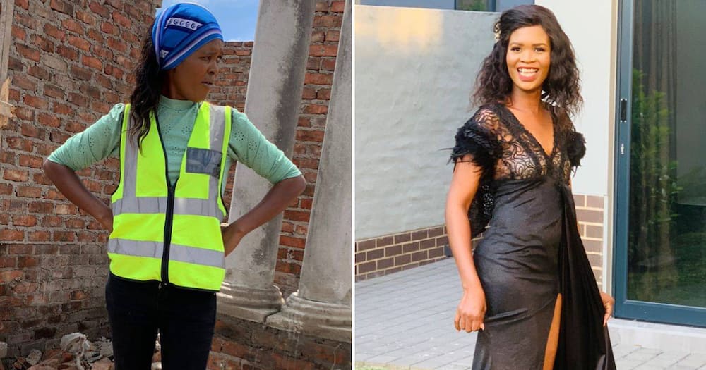 A lady working as a bricklayer posted pics online wearing pretty heels and a stunning dress
