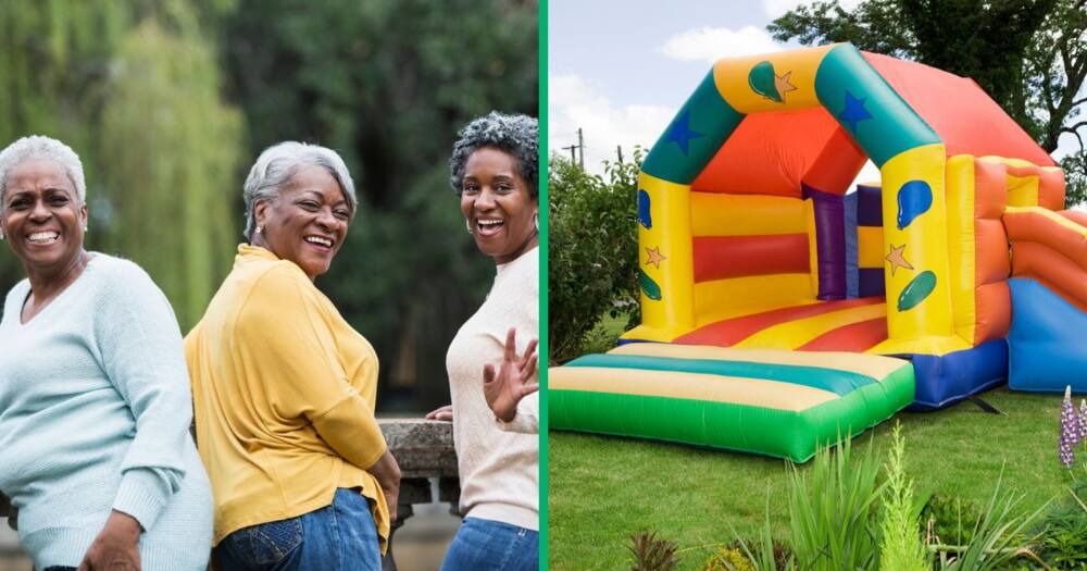 Stock pic of three older ladies, jumping castle
