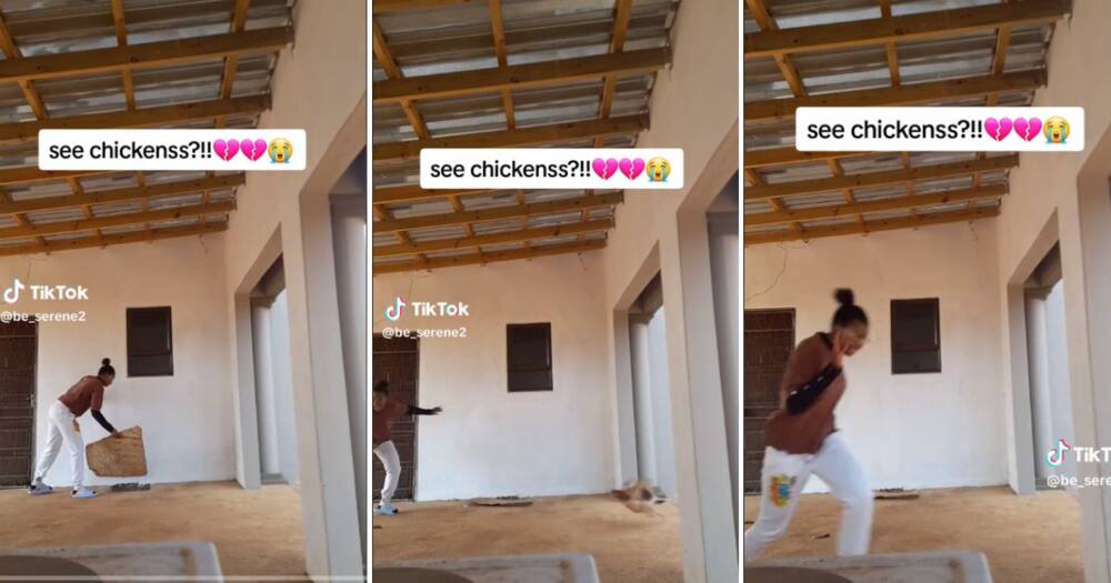 Young woman runs away from chicken