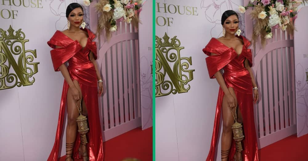 Bonang stunning red exquisite dress on the Miss SA 2022 red carpet