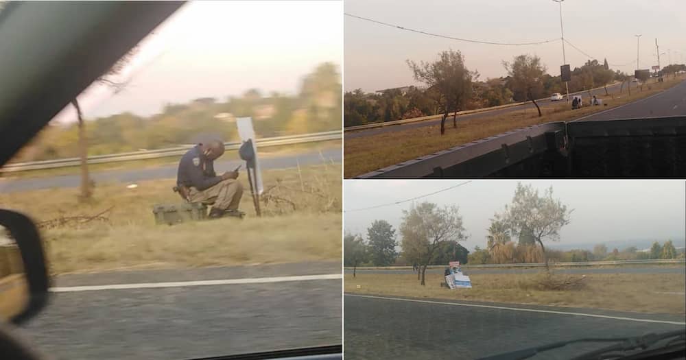 Hilarious Photo, Cop, Hiding, Behind Sign Post