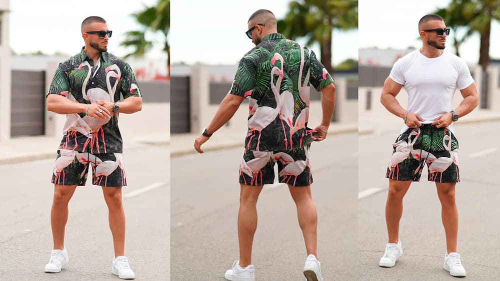 Tropical print shirt and shorts set with flamingo detail
