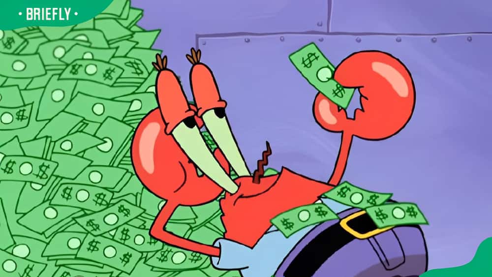 Mr Krabs surrounded by a large pile of green dollars