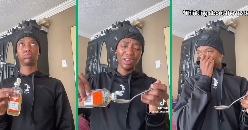 A video of man drinking castor oil