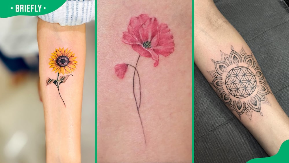 Sunflower (L), poppy flower (C) and flower of life tattoo (R)