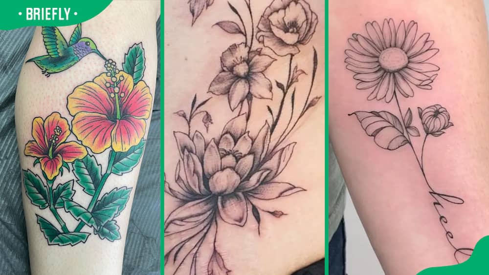 Hibiscus (L), birth flower (C), and aster flower tattoo (R)