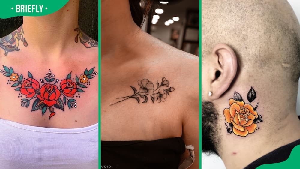 Chest (L), collarbone (C), and yellow rose flower tattoos (R)