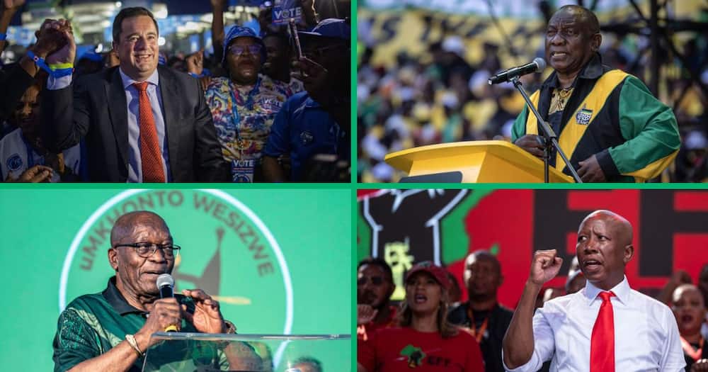 DA's John Steenhuisen, ANC's Cyril Ramaphosa, MKP's Jacob Zuma and EFF's Julius Malema campaigning for the 2024 General Elections.