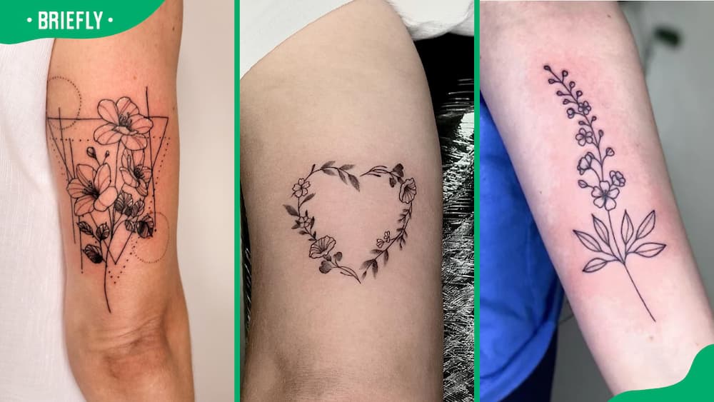 Geometric (L), heart (C) and July birth flower tattoos (R)