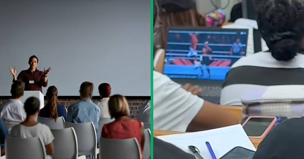 A TikTok video shows a student watching watching wrestling during a lecture class.