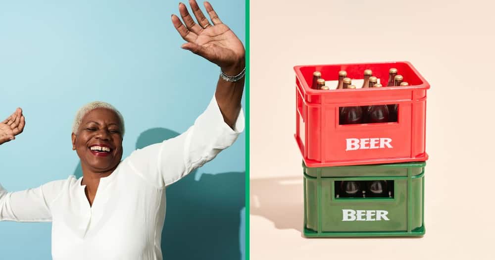An aunty was captured dancing with a beer crate in her mouth in a video