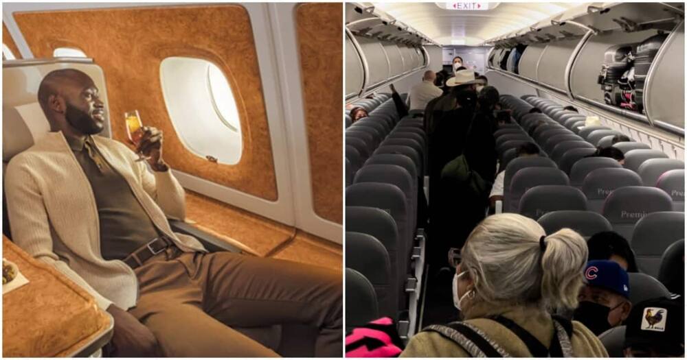 Man flies first class while children sit in economy.