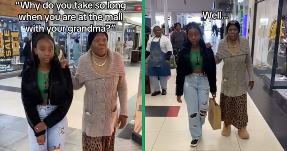 The old lady walks with her granddaughter