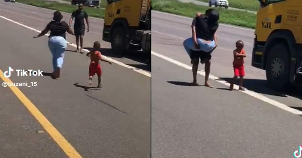 Kid upset after losing against mom in race to reach dad