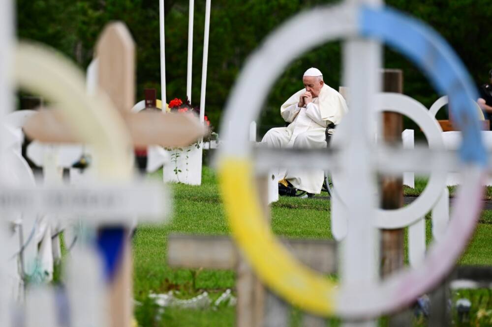 Pope Francis visits the Ermineskin Cree Nation Cemetery in Maskwacis, Canada on July 25, 2022