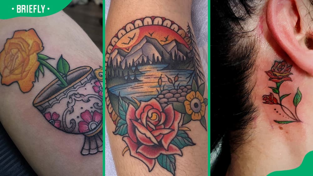Cup flower (L), girly frame rose (C), and behind-the-ear flower tattoos (R)
