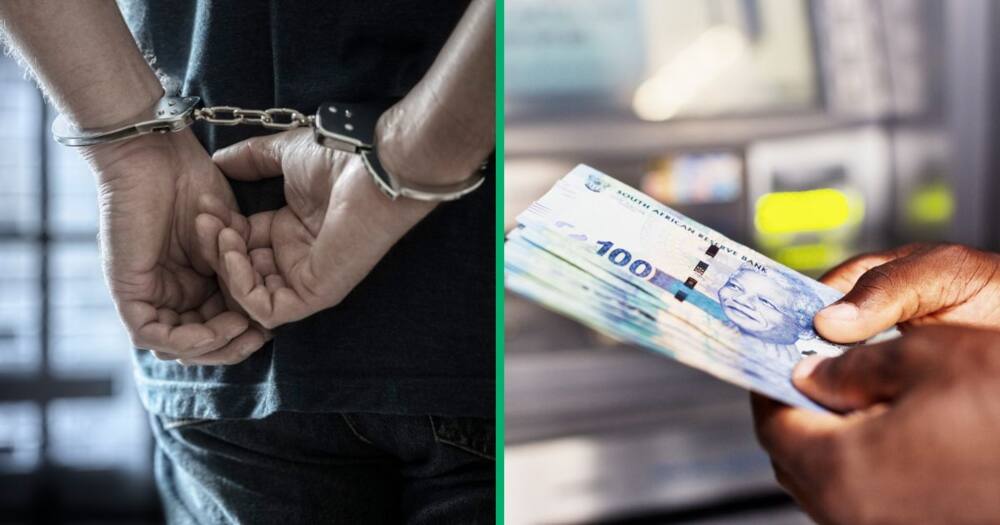 A collage image of a man in handcuffs and a man holding money at an ATM