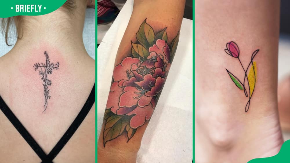 Cross flower (L), Japanese (C), and minimalist flower tattoos (R)