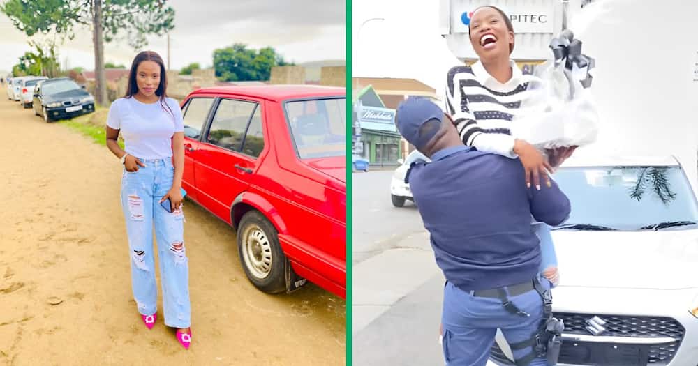 A SAPS cop was overjoyed to see his friend with her new car