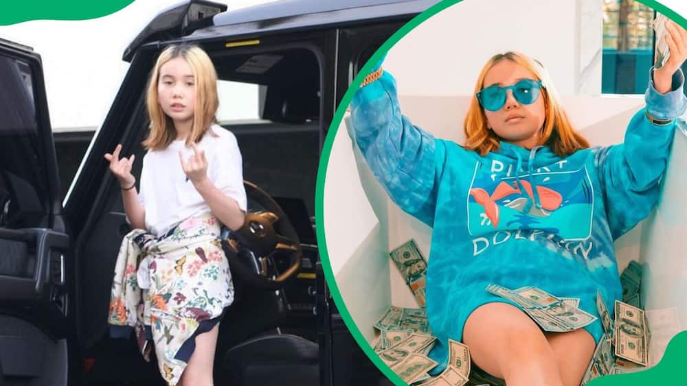 Lil Tay showing off her luxurious ride (L). The internet personality wearing a branded hoodie (R)