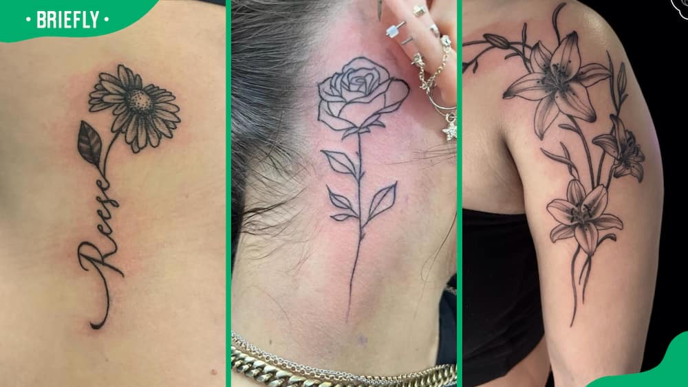 Flower name (L), outline (C) and lily flower tattoos (R)