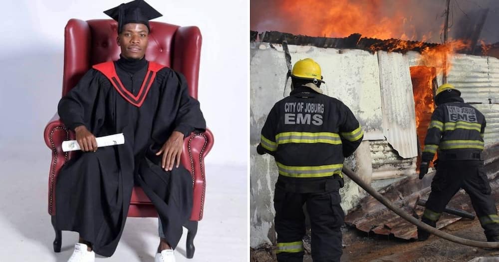 South Africans are feeling inspired by a man who has just qualified as a firefighter. Image: @VarsityWorld/@CityofJoburgEMS/Facebook/Twitter