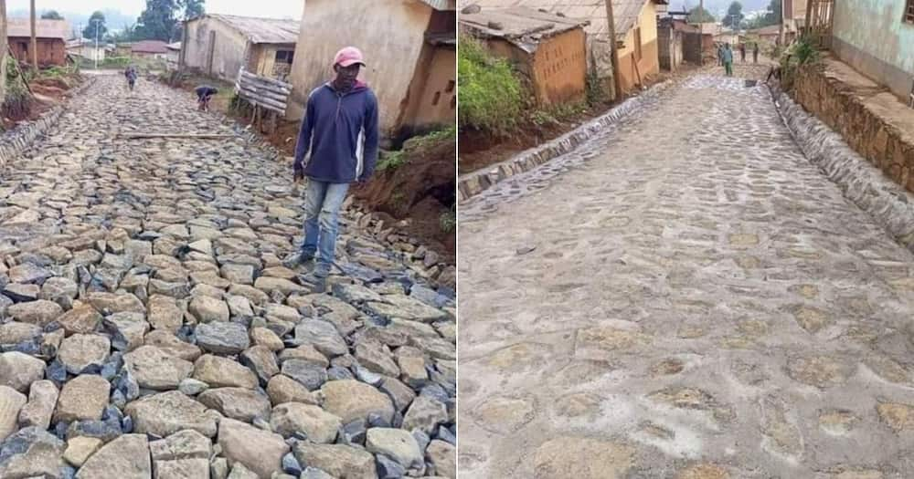 road, rocky, houses, stones, cement, hat, repair, wall, cap, community, city