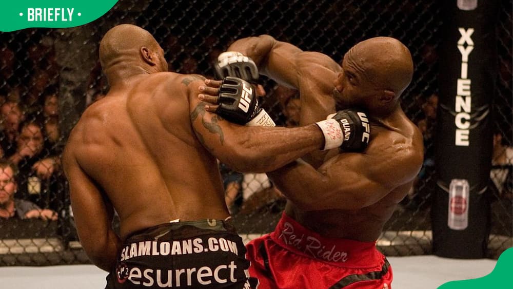 Marvin Eastman (red shorts) and Quinton Jackson (black/camo shorts) during UFC 67 at Mandalay Bay Events Center